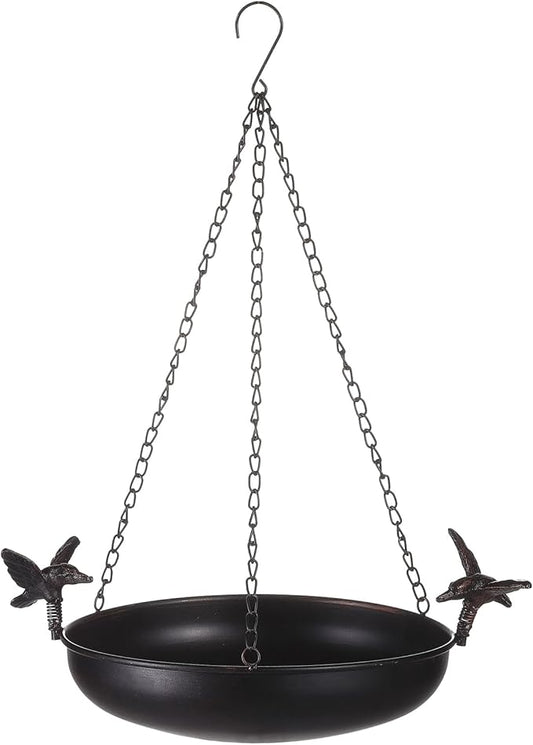 Hanging Bird Bath Feeder for Outdoor, 23" H Metal Birdbath with Cast Iron Bird Decor, Vintage Tray for Garden Yard Patio, Brown