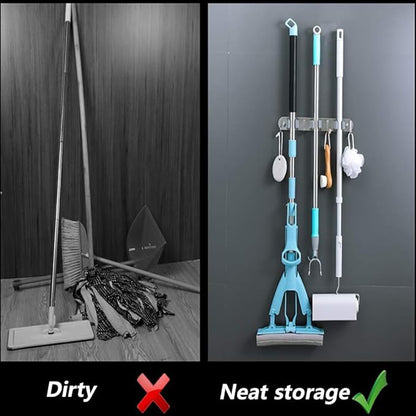 DGSL 4 PCS Broom Holder Wall Mount with 3 Racks 4 Hooks, Stainless Steel Wall Mounted Organizer Mop and Broom Storage Tool Rack for Home Kitchen Garden