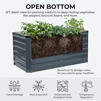 Galvanized Raised Garden Bed 6x3x2ft, Raised Beds for Gardening, Reinforced Support Bars & Safety Edges for Vegetables, Flowers, Herbs, Gray (Grey, 4x2x2FT)