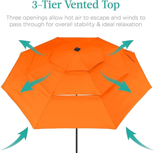 Best Choice Products 10ft 3-Tier Solar Patio Umbrella, Outdoor Market Sun Shade for Backyard, Deck, Poolside w/ 24 LED Lights, Tilt Adjustment, Easy Crank, 8 Ribs - Orange