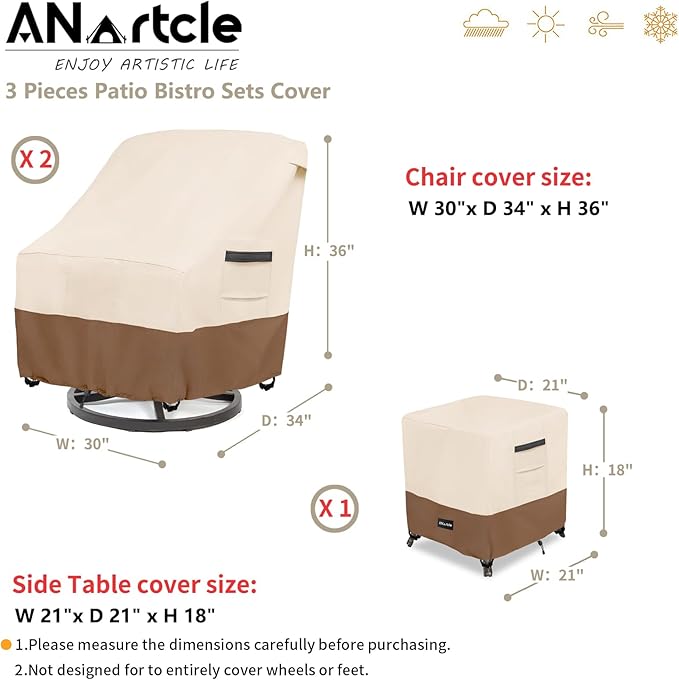 3 Pieces Patio Bistro Sets Cover,600D Waterproof Heavy Duty Patio Furniture Covers,Includes 2 Outdoor Swivel Chair Covers and 1 Patio Wicker Side Table Cover(Beige&Brown)