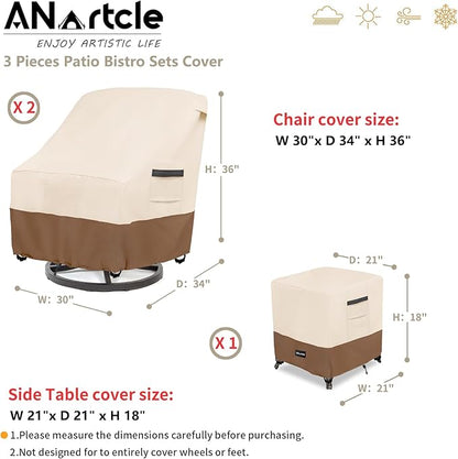 3 Pieces Patio Bistro Sets Cover,600D Waterproof Heavy Duty Patio Furniture Covers,Includes 2 Outdoor Swivel Chair Covers and 1 Patio Wicker Side Table Cover(Beige&Brown)