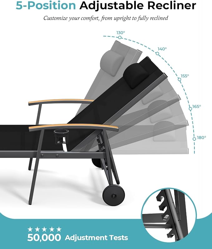 Ciokea Outdoor Lounge Chair with Pillow, 5-Position Aluminum Chaise Lounge with Wheels & Armrests, 400 lbs Heavy Duty Patio Pool Chair for Backyard, Deck, Beach & Poolside (Black)