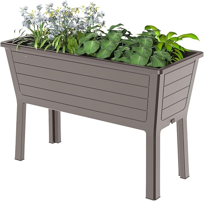 Vixzen Double Raised Garden Bed with Drain Hole and Water Level Detector,Durable Resin Planter Box,Separate Water and Soil Storage Areas,for Garden, Patio, Balcony (Grey, 44.33 * 29.92 * 19.69)