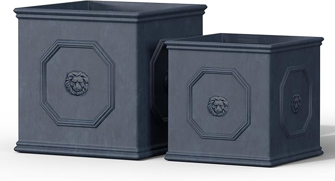 Kante Square Lion Head Concrete Planter Set of 2, Classic English Style Plant Pot with Drainage Hole and Rubber Plug for Indoor Outdoor, 10.2"x10.2"x10.2" and 12.6"x12.6"x12.6" Antique Gray