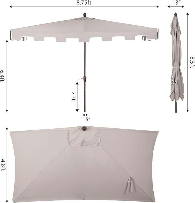 JONATHAN Y Half Umbrella UMB1200A Sidney 9 ft. Classic MidCentury Rectangular Market Patio with Crank, Wind Vent and UV Protection in Gray/White