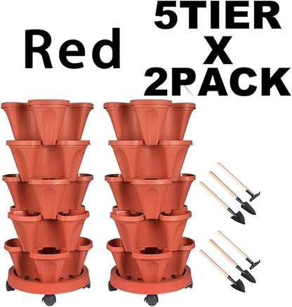 GameXcel Vertical Planter Tower - 5 Tier Stackable Garden Planters with Wheels and Tools Plant Pots for Strawberry Herb Flower and Vegetable Indoor Outdoor Use Red 2 Pack