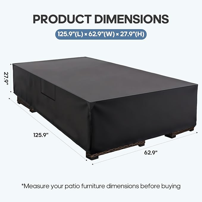 DUMOS Outdoor Furniture Cover Rectangular Heavy Duty 600D Waterproof UV Resistant Patio Sofa Couch Sectional Cover for Deck Table Chairs Backyard Dining Sets, 126"L x 63"W x 28"H, Classic Black