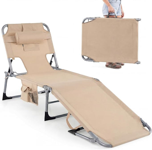 GYMAX Tanning Chair with Face Hole, Sun Bathing Lounge Chairs for Outside with Side Pocket, Folding Portable Face Down Layout Tanning Chair Beach, Backyard, Poolside, Lawn (Sand,1)