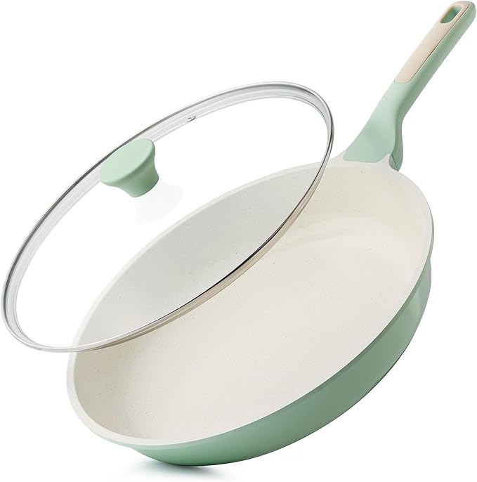SENSARTE Nonstick Ceramic Frying Pan with Lid 10 Inch Omelet Pan Skillet, Free of Intentionally Added PFAS/PTFE Non-toxic Chef's Pan Induction Compatible Pan, Heat Resistant Handle, Mint Green