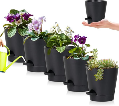 5 Pack 5 Inch African Violet Pots Self Watering, Self-Watering Planters with Drainage Holes & Reservoir, Black Plastic Pots for Indoor Outdoor Plants, Succulents & Flowers