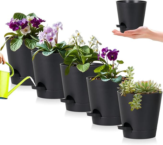 5 Pack 5 Inch African Violet Pots Self Watering, Self-Watering Planters with Drainage Holes & Reservoir, Black Plastic Pots for Indoor Outdoor Plants, Succulents & Flowers
