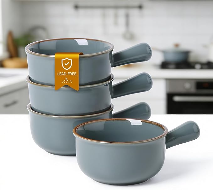 MONITO 26 Oz French Onion Soup Bowls, Ceramic Soup Bowls with Handles, Stackable Soup Crocks, Oven/Microwave/Dishwasher Safe, for Cereal, Soups, Casseroles