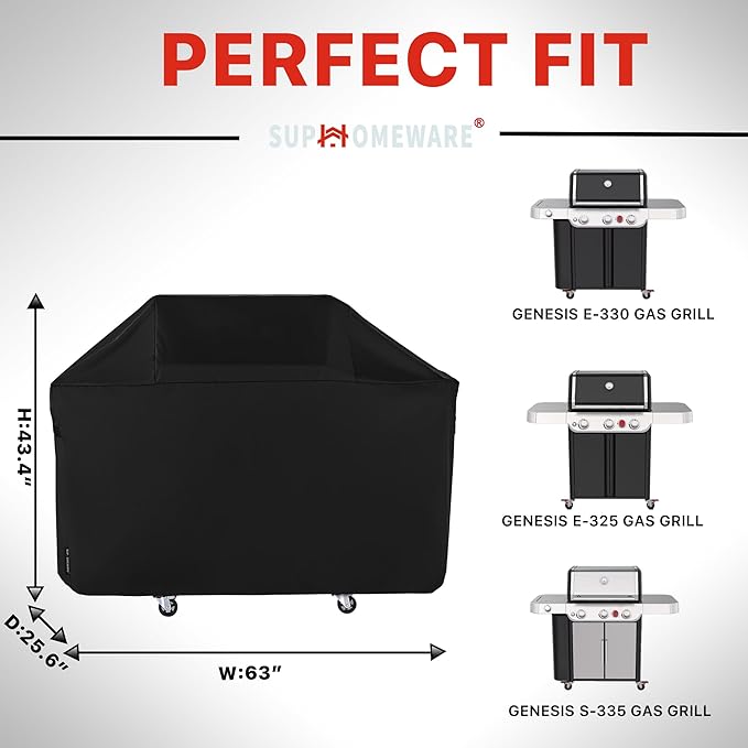 Suphomeware 63 Inch BBQ Grill Cover for New 2022 Weber Genesis 300 Series, Heavy Duty Barbecue Covers Compared to Weber 7757, Black