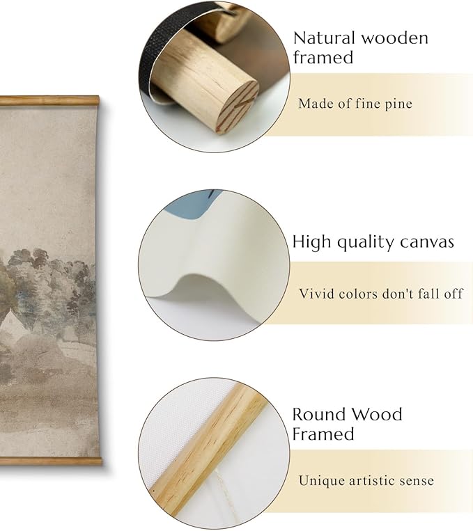 VIYYIEA Extra Large Size Canvas Wall Art, 36x54 Vintage Scroll Hanging Landscape Print, Rustic Watercolor Countryside Scene Wall Décor for Living Room, Bedroom, or Farmhouse