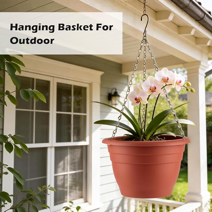 RooTrimmer Hanging Planters 11 Inch, 3 Pcs Flower Pots with Drainage Hole, Self Watering Hanging Basket for Indoor Outdoor Plants, Decor, Pottery Red