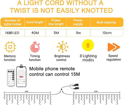 131ft Christmas Lights Outdoor, 1680 LED Waterproof 8 Modes String Light with App and Remote Control for Outside House Roof Decorations Indoor Decor-Warm White