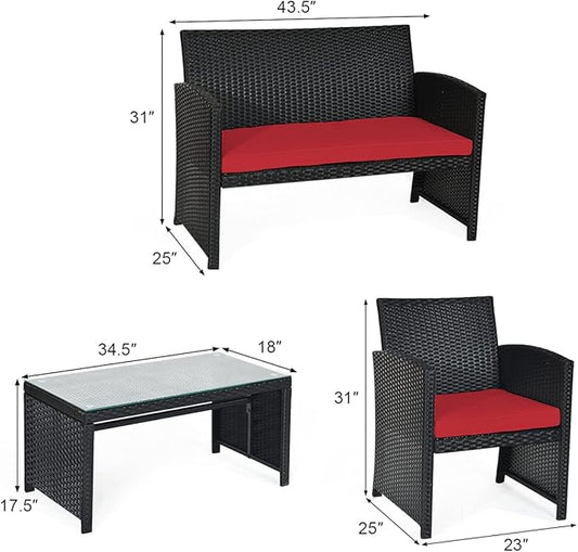 COSTWAY 4 Pieces Patio Rattan Furniture Set, Outdoor Wicker Conversation Set with Soft Cushions & Tempered Glass Coffee Table, Cushioned Chair Sofa for Backyard, Porch, Poolside, Lawn, Garden, Red