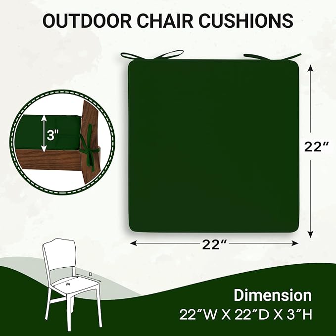 downluxe Waterproof Outdoor Chair Cushions for Patio Furniture, 22" x 22" x 3" Patio Chair Cushion with Non-Slip Ties & Portable Handle, Forest Green, 2 Pack