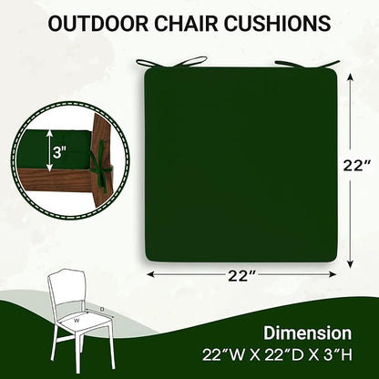 downluxe Waterproof Outdoor Chair Cushions for Patio Furniture, 22" x 22" x 3" Patio Chair Cushion with Non-Slip Ties & Portable Handle, Forest Green, 2 Pack