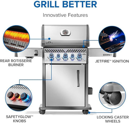 Napoleon Rogue PRO-S 425 Propane Gas Grill with Infrared Side and Rear Burners, Stainless Steel, Durable 5-Burner Grilling Experience