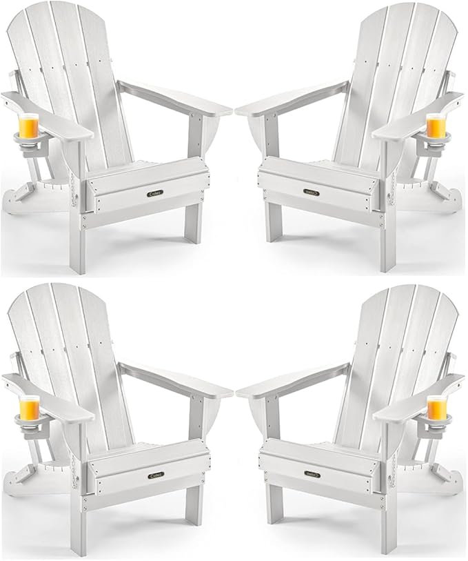 Ciokea Folding Adirondack Chair 4 Pack, Patio Adirondack Chair Weather Resistant, Plastic Fire Pit Chair with Cup Holder, Lawn Chair for Outdoor Porch Garden Backyard Deck (White)
