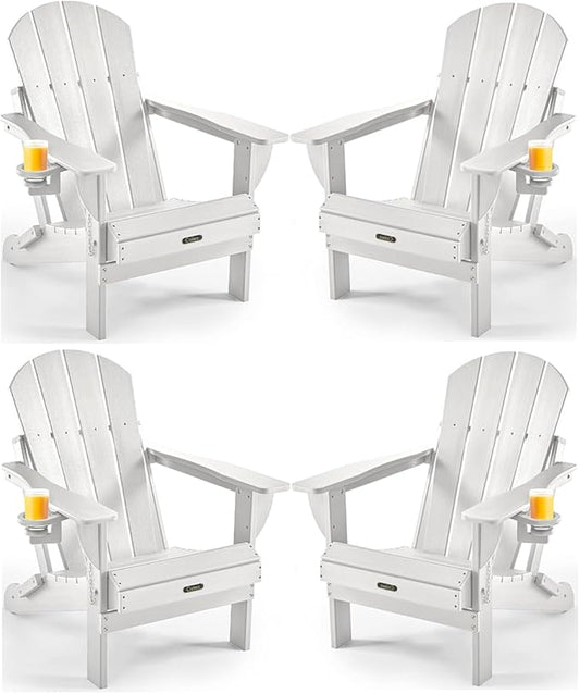 Ciokea Folding Adirondack Chair 4 Pack, Patio Adirondack Chair Weather Resistant, Plastic Fire Pit Chair with Cup Holder, Lawn Chair for Outdoor Porch Garden Backyard Deck (White)
