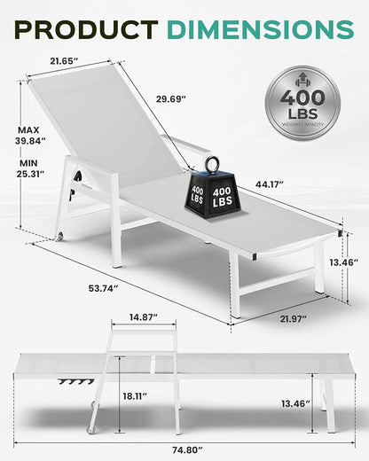 Vexwalx Patio Chaise Lounge Chair Outdoor with Wheels&Armrests, Aluminum Pool Lounge Chairs 5-Position Adjustable Recliner, Outdoor Beach Lounge Chairs for Outside, Patio, Deck, Yard, White