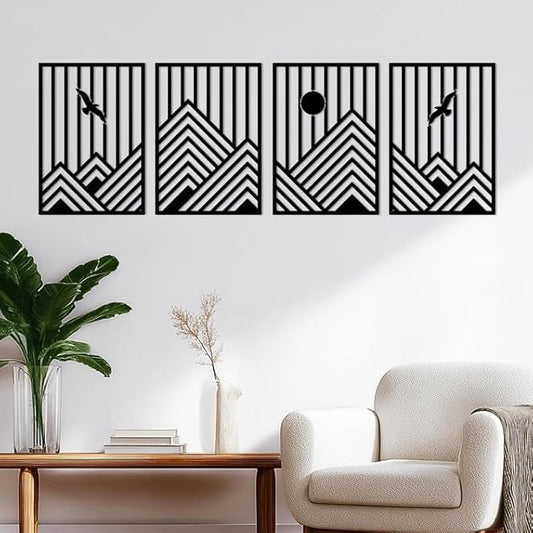 ESTART 4 Pcs Metal Mountain Wall Art, Minimalist Decor Single Line Art Wall Decor, Nature Abstract Line Minimalist Wall Art for Living Room Bedroom Bathroom Study Room (Black)
