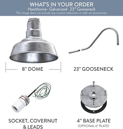 Steel Lighting Co. Hawthorne Barn Light | Outdoor Wall Mounted | 8 inch Dome | 23 inch Gooseneck| Small Farmhouse Light Made in America | Galvanized Exterior/Galvanized Interior