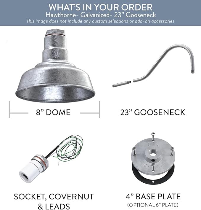 Steel Lighting Co. | Dusk to Dawn | Hawthorne Barn Light | Outdoor Wall Mounted | 8 in Dome | 23 inch Gooseneck| Small Farmhouse Light Made in America | Galvanized Exterior/Galvanized Interior