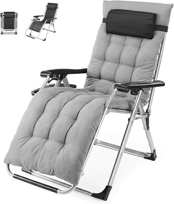 NEWBULIG Zero Gravity Chair, Folding Patio Recliner with Removable Cushion & Cup Holder Trays, Portable Lounge Chair for Beach & Camping, Classic Grey