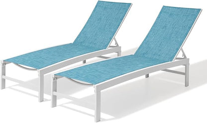 Crestlive Products Lounge Chair Outdoor Set of 2, Aluminum Pool Chaise Lounge Chairs, Adjustable Five-Position Tanning Recliner, All Weather for Patio, Beach, Yard, Pool (Blue)
