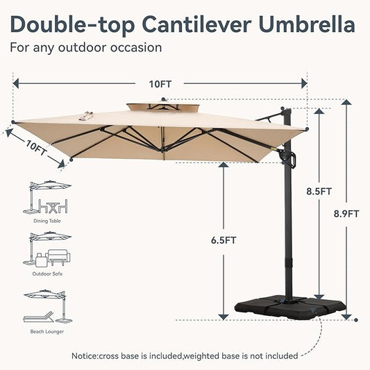 GREEN PARTY 10x10 ft Cantilever Patio Umbrella with Base Included, Outdoor Offset Umbrellas with 360° Rotation, 5-Year-Non-Fading Hanging Pool Umbrella for Garden Deck Poolside - Beige