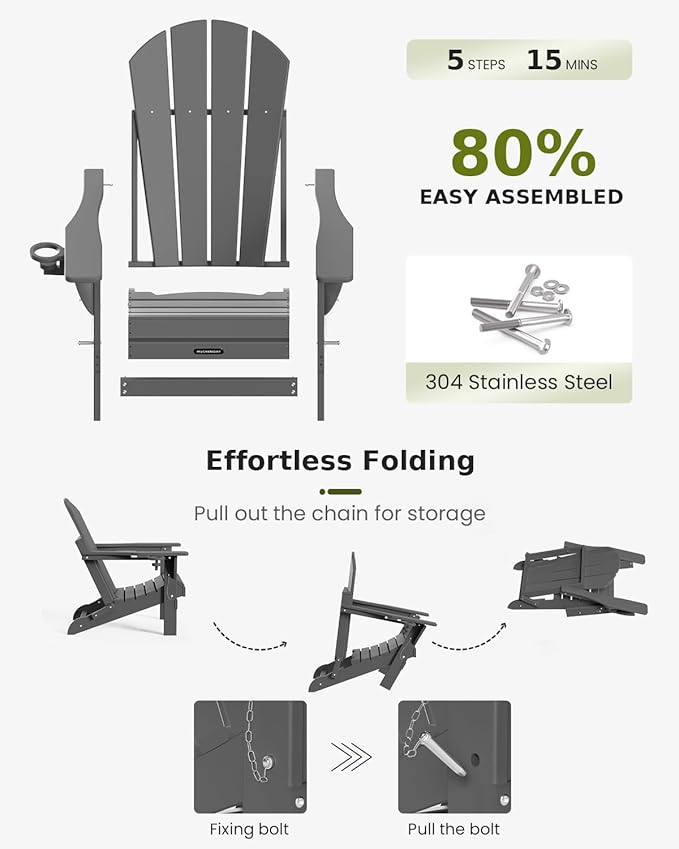 MUCHENGHY Folding Adirondack Chairs Set of 2 HDPE Weather Resistant, Patio Firepit Chairs, Sturdy Outside Chairs, Lawn Chairs, 15min Assembly 380lb Grey