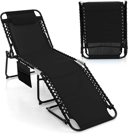 Goplus Chaise Lounge Chair, Folding 5-Postion Beach Lounge Chair with Detachable Pillow, Sunbathing Lounger, Adjustable Tanning Chair for Patio Lawn Pool Yard Outdoor