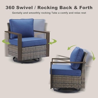 Rilyson Outdoor Patio Swivel Rocker Chairs - Wicker Rattan Patio Swivel Rocking Chairs Set of 2 with Metal Wide Armrest, Thick Cushions and Deep Seating for Deck Porch Sunroom Garden(Mixed Grey/Blue)