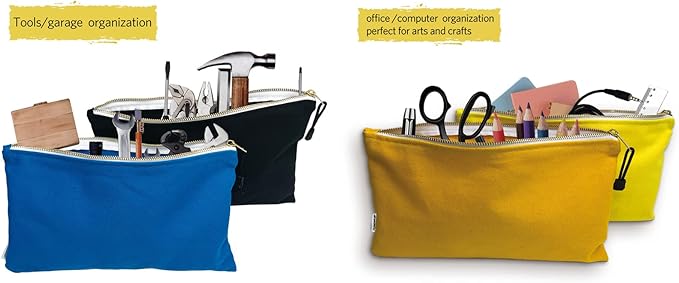 Canvas Tool Bag Zipper Pouch - 6 Pack Heavy Duty Tools Utility Pouches, Multipurpose Storage Organizer Tote Bags with Dependable Metal Zippers, 12.5 x 7-Inch, Olive/Orange/Blue/Yellow/White/Black