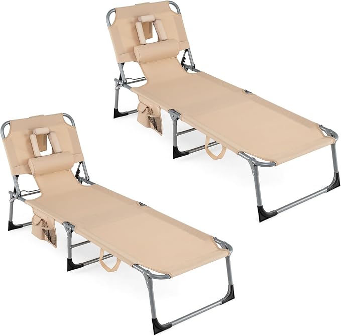 COSTWAY Tanning Chair with Face Hole, Folding Beach Lounge Chair | 4-Position Adjustable Backrest, Pillow & Side Pocket for Sunbathing, Camping (2, Beige)