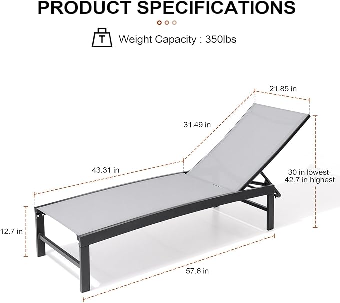 Crestlive Products Chaise Lounge Chair Outdoor Set of 2, Adjustable 5 Positions Pool Lounge Chairs, Metal Tanning Recliner, Outdoor Furniture All Weather for Patio, Beach, Yard, Pool