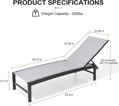 Crestlive Products Chaise Lounge Chair Outdoor Set of 2, Adjustable 5 Positions Pool Lounge Chairs, Metal Tanning Recliner, Outdoor Furniture All Weather for Patio, Beach, Yard, Pool