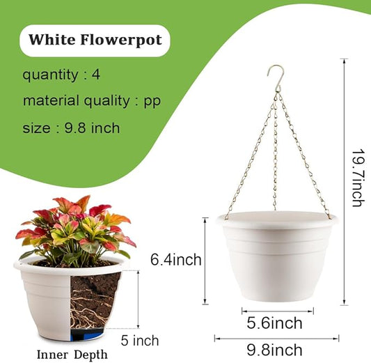 RooTrimmer Hanging Planters 10 Inch, 4 Pcs Flower Pots with Drainage Hole, Self Watering Hanging Basket for Indoor Outdoor Plants, Decor, White