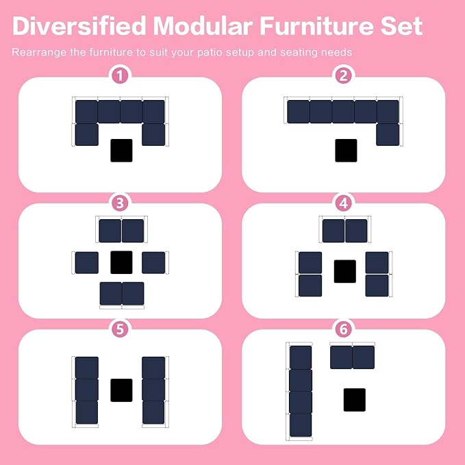 7-Piece Outdoor Rattan Sectional Sofa Set, Gray Wicker Patio Furniture Sets with Navy Blue Cushions for Balcony, Porch, Backyard