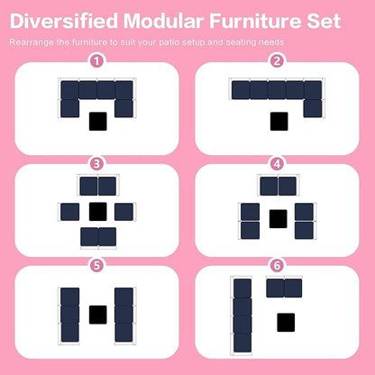 7-Piece Outdoor Rattan Sectional Sofa Set, Gray Wicker Patio Furniture Sets with Navy Blue Cushions for Balcony, Porch, Backyard