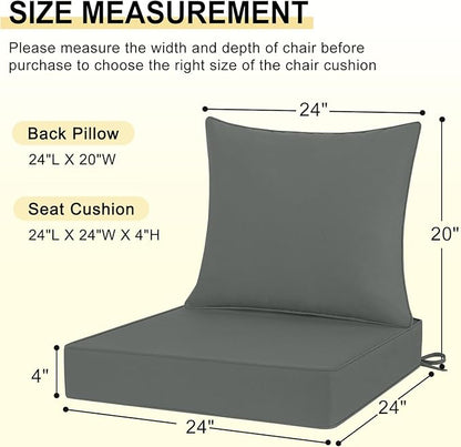 downluxe Outdoor Chair Cushions 24x24 with Removable Cover, Waterproof Patio Furniture Cushions, Deep Seat Cushions for Outdoor Furniture with Backrest for Sofa, Couch and Patio Chairs, Dark Grey