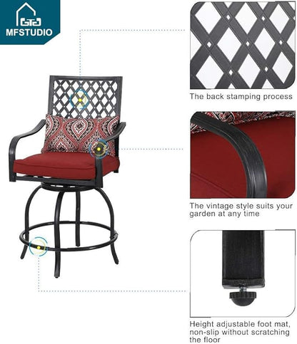 MFSTUDIO 3 PCS Outdoor Patio Bar Sets, 2 Swivel Bar Height Chairs and 1 Metal Bar Table,2 Pack Seat Cushions, Adjust Screw Feet, Black
