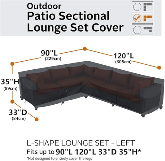 Upgraded Patio Furniture Covers, Waterproof Outdoor Sectional Cover, 600D PU Outdoor Furniture Sofa Covers 90" x 120" L Shaped Oudoor Couch Cover, V-Shape Lawn Outside Protector - Left facing