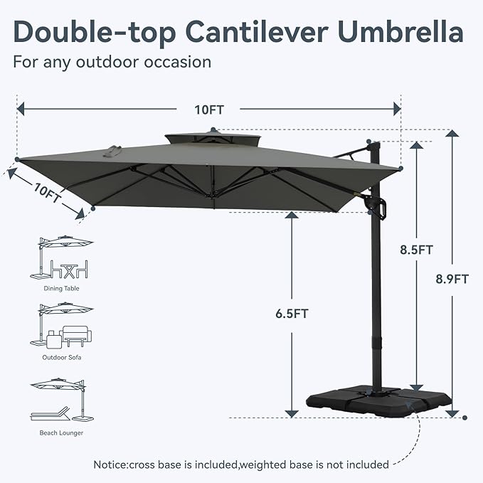 GREEN PARTY 10x10 ft Cantilever Patio Umbrella with Base Included, Outdoor Offset Umbrellas with 360° Rotation, 5-Year-Non-Fading Hanging Pool Umbrella for Garden Deck Poolside - Grey