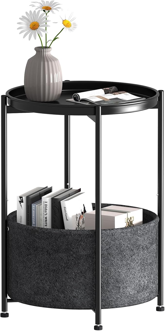 Garden 4 you Small Side Table, Mini Round End Table, Tray Table with Fabric Storage Basket, Modern Nightstand for Living Room, Bedroom, Patio, Small Space, Black