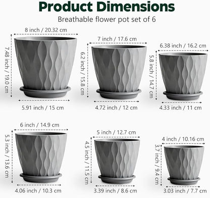 Plant Pots, Self Watering Planters with Drainage Holes and Trays, Flower Pots for Indoor Outdoor - 6 Pack(4/5/6/6.5/7/8 Inch) (Gray)